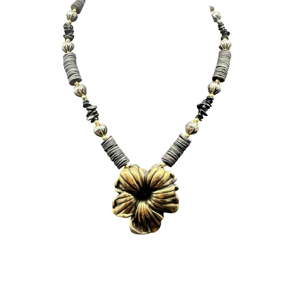 Gold-Tone Floral Pendant Necklace With Black Bead Accents